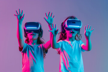 Immersive Learning Experience: Kids Exploring Virtual Worlds with VR Glasses in Purple and Blue Light Setting