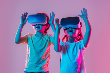 Interactive Digital Classroom: Young Students Interacting with VR Screens under Purple and Blue Illumination