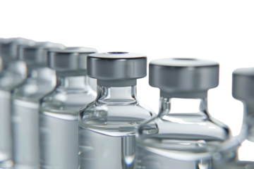 
Close-up of some vials with the coronavirus vaccine on a white background Real daytime first person perspective