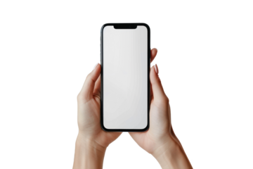 
Close-up of female hand holding Smartphone with blank white screen on white background, first person view realistic daylight