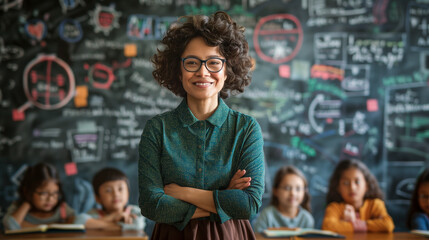 A woman stands confidently in front of a lively classroom filled with eager children, celebrating Happy Teachers Day - Powered by Adobe