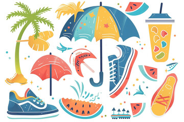 Capture the essence of summer leisure with coconut tree, watermelon, and colorful sneaker flat design elements, ideal for beach-themed projects