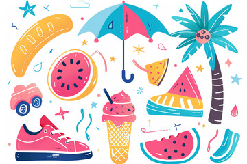 Embrace summer with this vibrant vector illustration featuring ice cream, colorful umbrella, and tropical fruits, perfect for sunny day designs