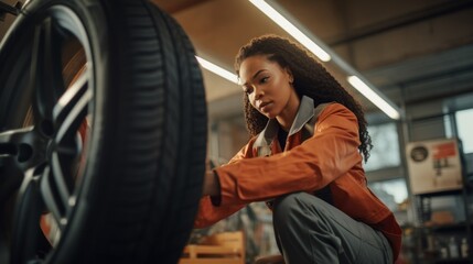 Fototapeta premium A beautiful young Confident Woman mechanic, A Black woman in an orange uniform Repairs, Changes a Car tire, Works in an auto repair shop. Business, Car service concepts.