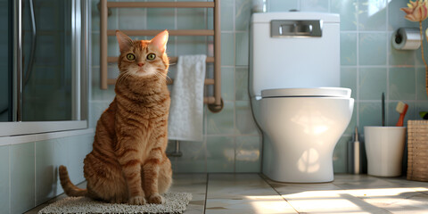 Beautiful orange  cat sitting near toilet. 