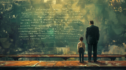 A man and a child stand in front of a chalkboard, exchanging knowledge and celebrating the joy of...