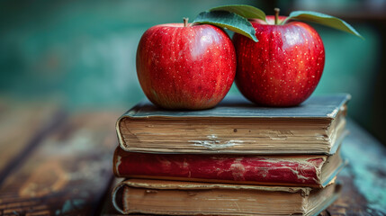 Two vibrant red apples rest delicately on top of a stack of books, symbolizing the importance of education and knowledge on Teachers Day