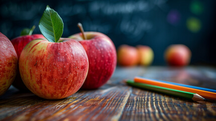 A diverse group of ripe, colorful apples peacefully rest atop a rustic wooden table - obrazy, fototapety, plakaty