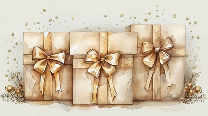 New Year and Happy birthday beige gift boxes with golden bows. Watercolor hand drawing illustration on isolate white background. Realistic element fo design holidays or wedding pastel colors