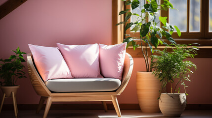 Light pink stylish furniture, armchair or couch with decorative pillow, home style