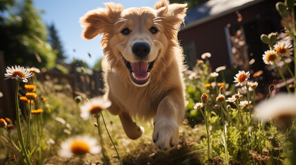 Happy golden retriever running across garden, summer time, soft focus background