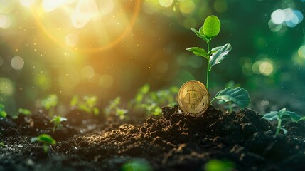 A vibrant scene where a Bitcoin seed is planted in the earth - obrazy, fototapety, plakaty
