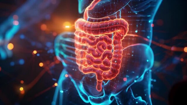 A detailed holographic image of a digestive system pointing out areas of inflammation or obstruction for gastroenterologists to diagnose.