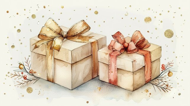New Year and Happy birthday beige gift boxes with golden bows. Watercolor hand drawing illustration on isolate white background. Realistic element fo design holidays or wedding pastel colors