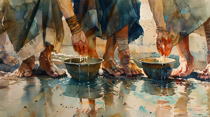 Washing of the Feet Jesus Maundy Holy Thursday, generative Ai - obrazy, fototapety, plakaty
