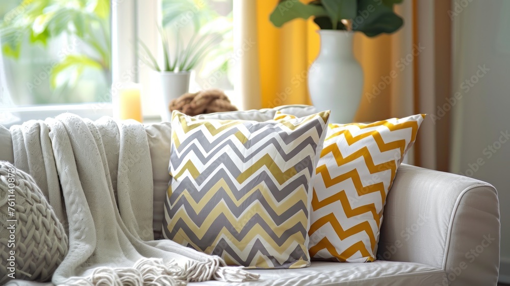 Wall mural Pillows yellow and white chevron on A gray sofa in Modern living room. - Wall murals