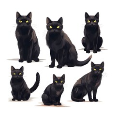 Set of black cats isolated on white background Realistic vector illustration
