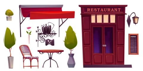 Gordijnen Restaurant outside elements set for relax and eating on veranda. Cartoon vector exterior cafe objects - glass and wood door, red tent, table and chair, signboard and wall lantern, menu board and plant © klyaksun
