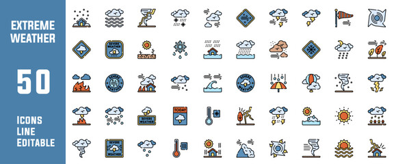 50 Extreme Weather Icons Set Pack Line Editable Vector Illustration