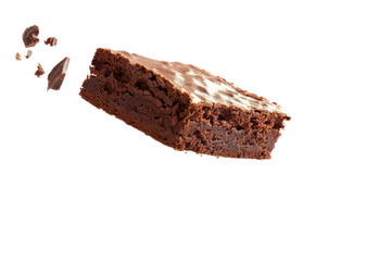 
Flying chocolate brownie isolated on white background with clipping path Realistic daytime first person perspective