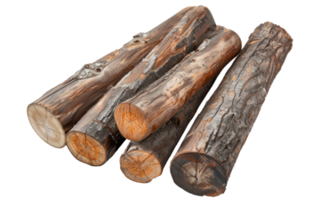 
five Wooden logs isolated on white background Realistic daytime first person perspective