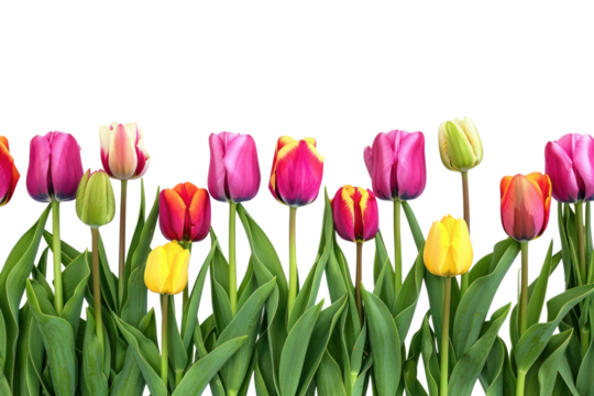 ดีไซน์ที่ยังไม่ได้ตั้งชื่อ - Flowers. Row of beautiful colorful tulips isolated on white background Real daytime first person perspective