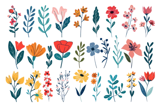 Flower collection with leaves, floral bouquets. Vector flowers. Spring art print with botanical elements. Happy Easter. Folk style. Posters for the spring holiday. icons isolated on white background