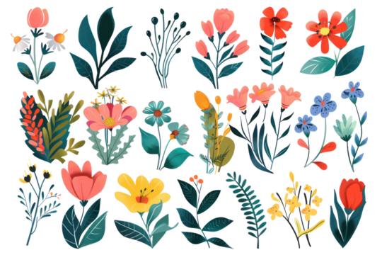 Flower collection with leaves, floral bouquets. Vector flowers. Spring art print with botanical elements. Happy Easter. Folk style. Posters for the spring holiday. icons isolated on white background