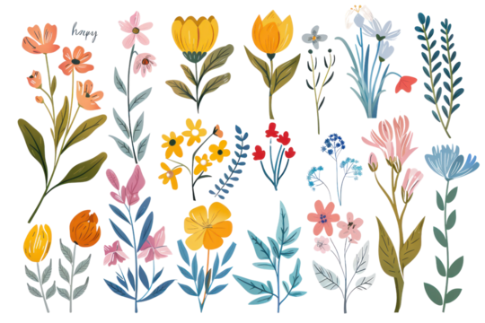 Flower collection with leaves, floral bouquets. Vector flowers. Spring art print with botanical elements. Happy Easter. Folk style. Posters for the spring holiday. icons isolated on white background