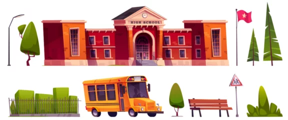 Deurstickers High school exterior cartoon vector elements set. education establishment with red walls, yellow children bus, bench and streetlight lantern, flag and green plants and trees. Schoolhouse outside. © klyaksun
