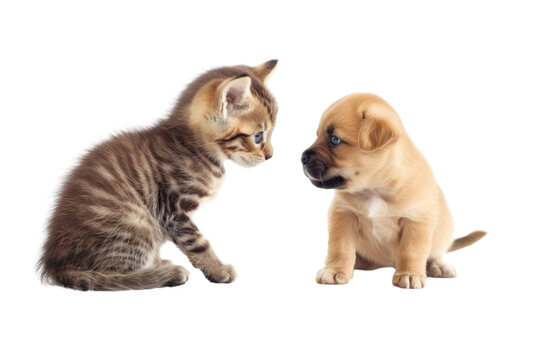 
Cute little kitten cat and cute puppy dog together isolated on white background first person view realistic daylight