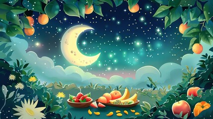 Eid Mubarak celebration banner design. Fruits and leaves frame banner with moon and stars in the background