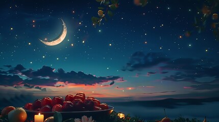 Eid celebration banner with fruits and a crescent starry sky. Beautiful peaceful environment Muslim festival celebration.