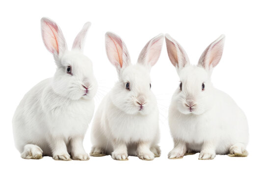 
Collection of three white rabbits (portrait, sitting), animal bundle isolated on a white background Real daytime 