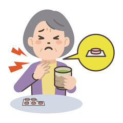 薬の包装シートを誤飲した高齢者のイラスト