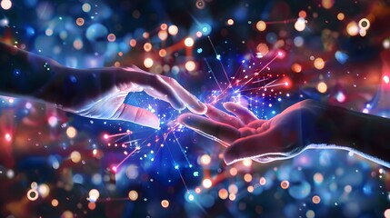 Hands touching science and network connection and data exchanges on glitter bright lights colorful...