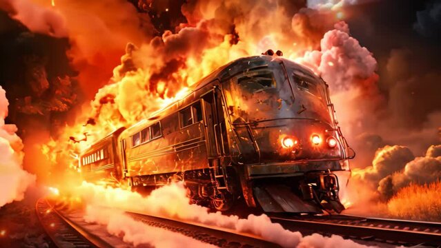 Burning train on the rails. Fire in the train. 3d rendering, Train on fire, disaster, AI Generated