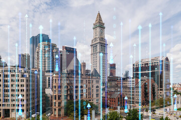 Boston skyline with futuristic digital hologram overlay, suggesting smart city technology concept...