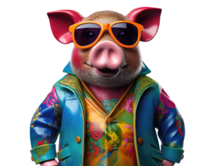 A pig wearing sunglasses and a colorful outfit