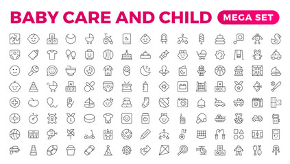Baby care & Child icon set. care, International Children's Day, kid and parenthood. Outline icon collection. Included icons as newborn, infant, kid, children, and parent. Outline icon collection. - obrazy, fototapety, plakaty