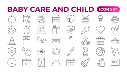 Baby care & Child icon set. care, International Children's Day, kid and parenthood. Outline icon collection. Included icons as newborn, infant, kid, children, and parent. Outline icon collection.