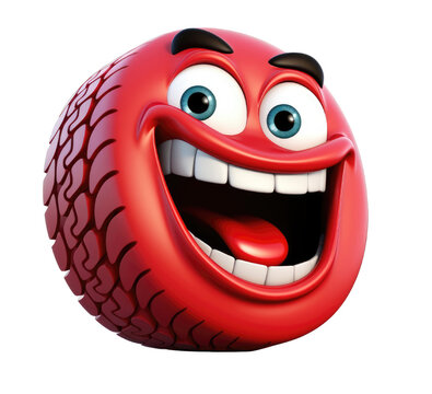 A red ball with a smiling face and teeth showing