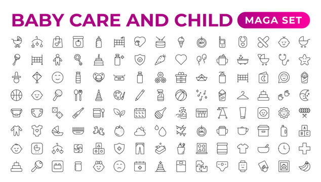 Baby care & Child icon set. care, International Children's Day, kid and parenthood. Outline icon collection. Included icons as newborn, infant, kid, children, and parent. Outline icon collection.