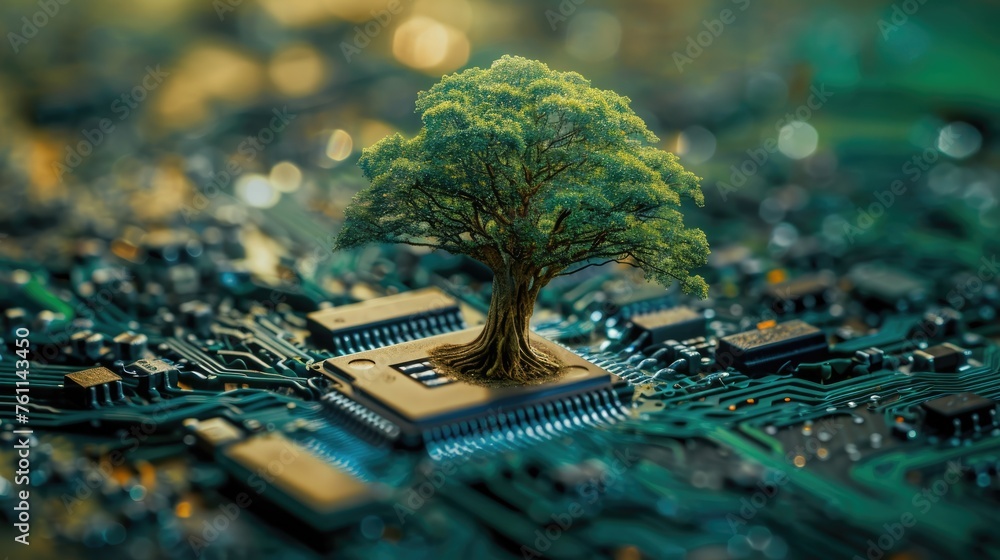 Aufkleber the bottom angle view of the growing green tree on the cpu on the land of the greenish mainboard and