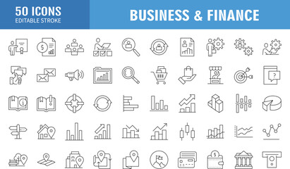 Set of 50 Business icons. Business and Finance web icons in line style. Money, bank, contact, infographic. Icon collection. Vector illustration.