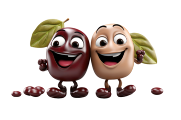 Two cartoon characters, one of which is a cherry, are smiling and holding leaves
