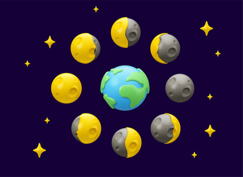 Vector 3d Earth and Moon phases icon set. Lunar calendar design elements in night sky with stars isolated. Cute cartoon planet emoji collection, educational children toys