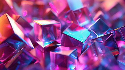 A 3D rendered image displaying a collection of shiny, reflective geometric shapes in vibrant pink and blue hues.