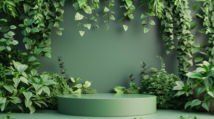 Fototapeta na wymiar Lush foliage and diverse plants encircle a minimalist green circular podium in a tranquil setting.