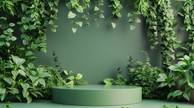 Lush foliage and diverse plants encircle a minimalist green circular podium in a tranquil setting.